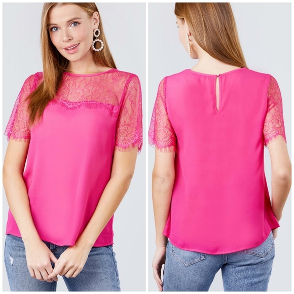 DanburyLane Tops - LAST ONE❗️Sophisticated Chic Hot Pink Lace Sleeves T…